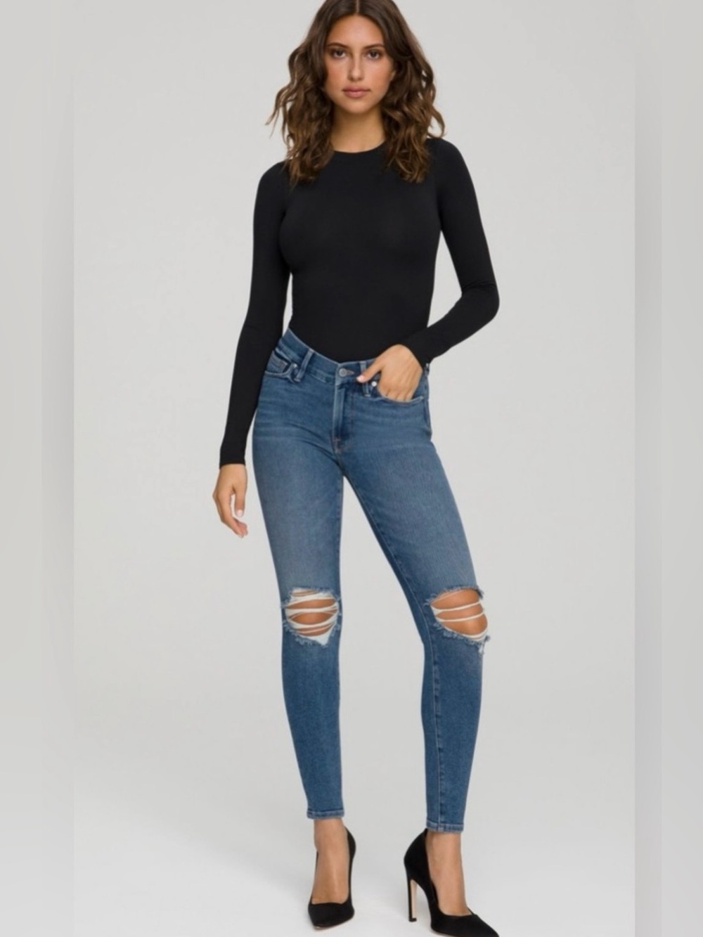 Good American Tummy Tech Good Legs Low Deep V Distressed Skinny Jeans Sz 12/31